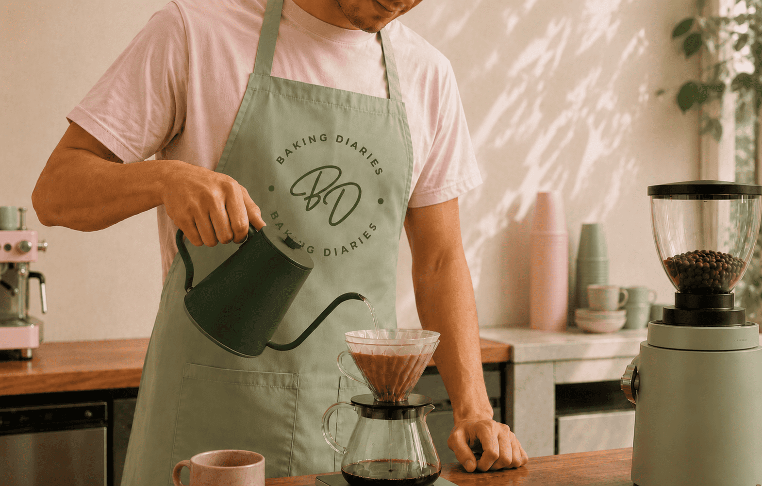 Barista in a Baking Diaries branded apron brewing filter coffee