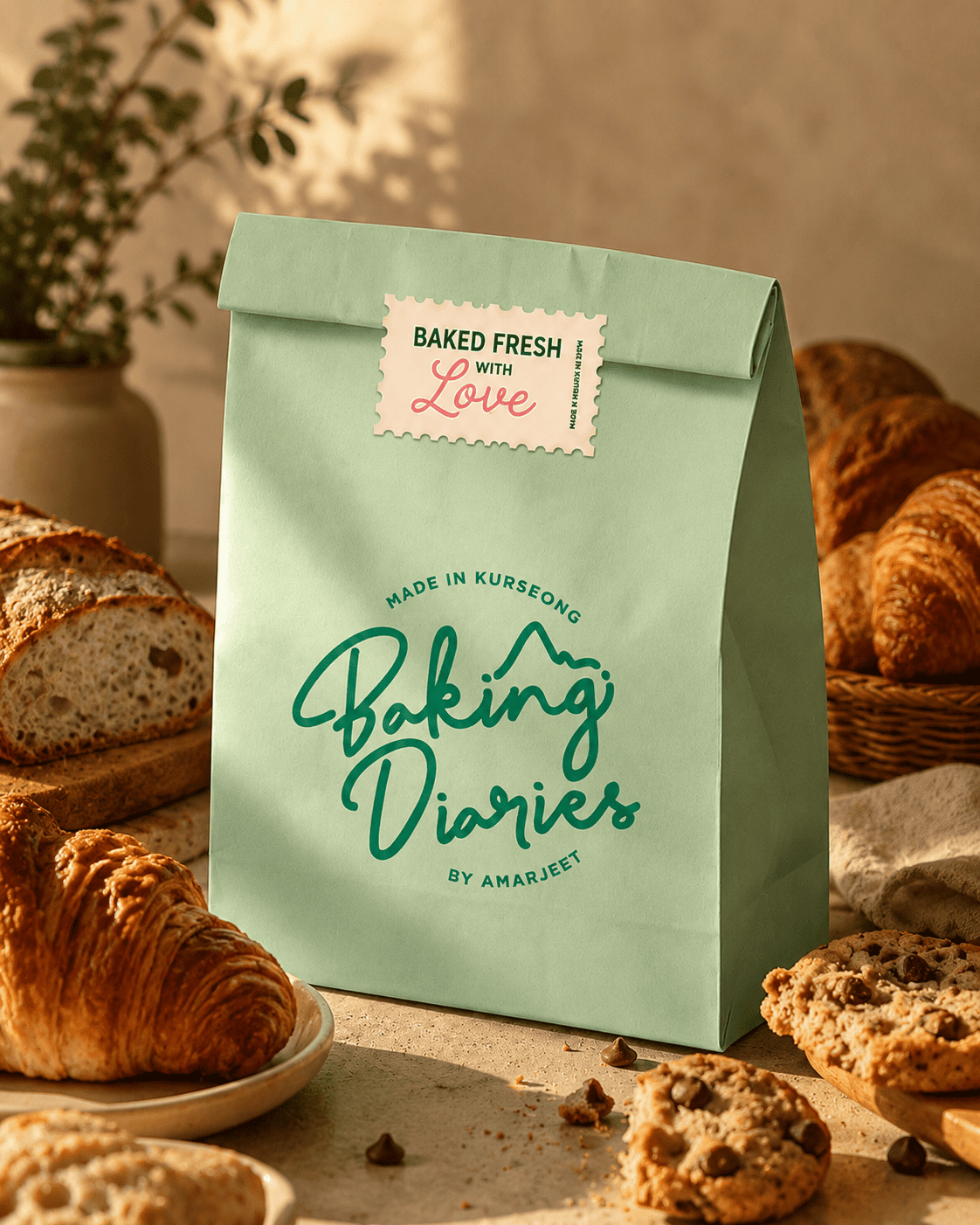 Baking Diaries branded paper bag surrounded by fresh bakes