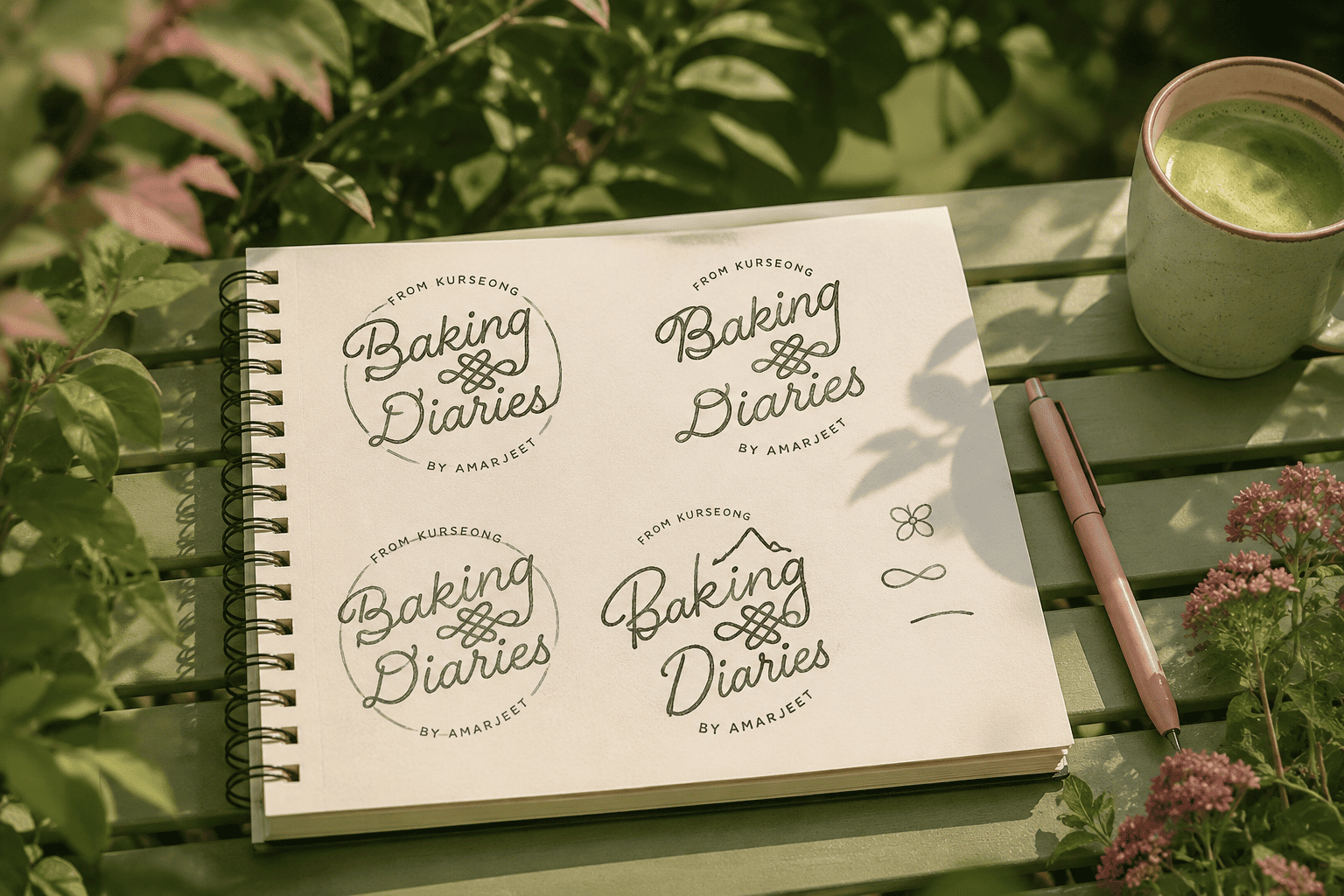 Baking Diaries logo exploration sketches in a notebook