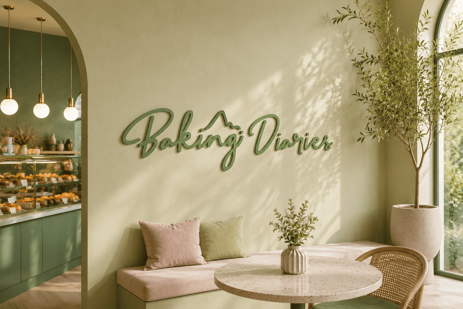 Baking Diaries handwritten wordmark as interior signage in the caf&eacute;