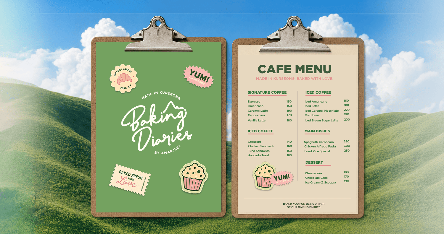 Baking Diaries caf&eacute; menu design on clipboards