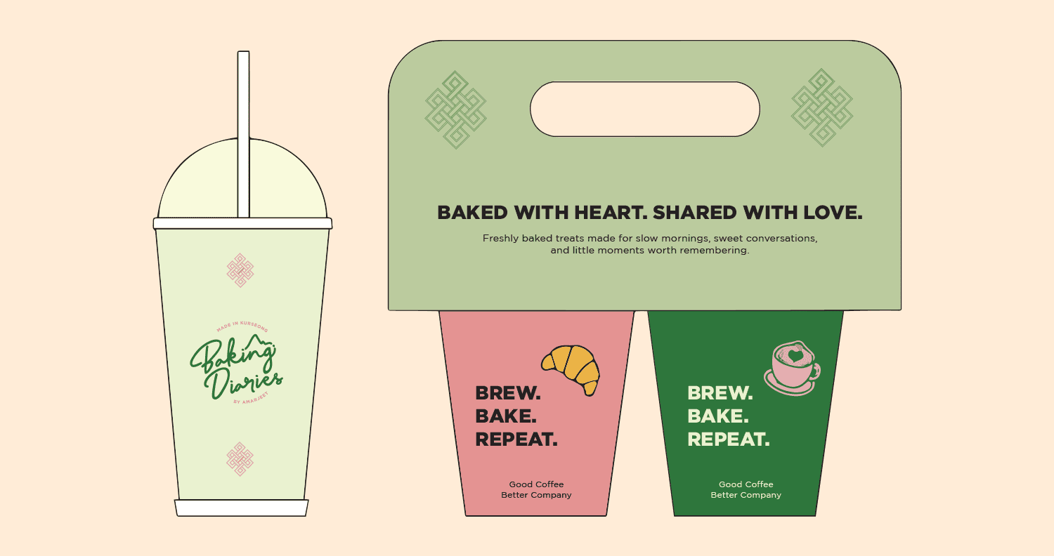 Baking Diaries takeaway cup and carrier packaging artwork