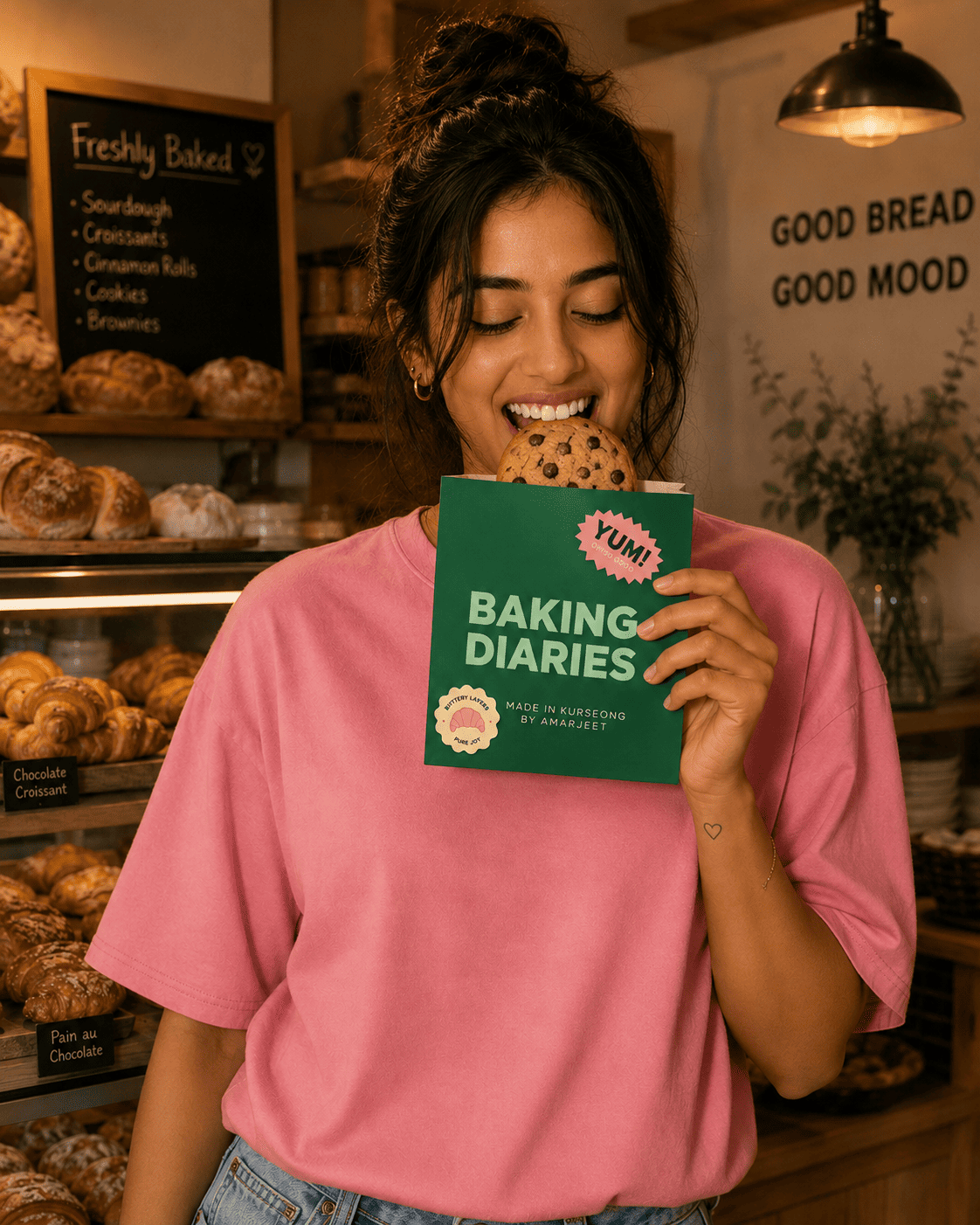 Customer holding a Baking Diaries branded box inside the caf&eacute;