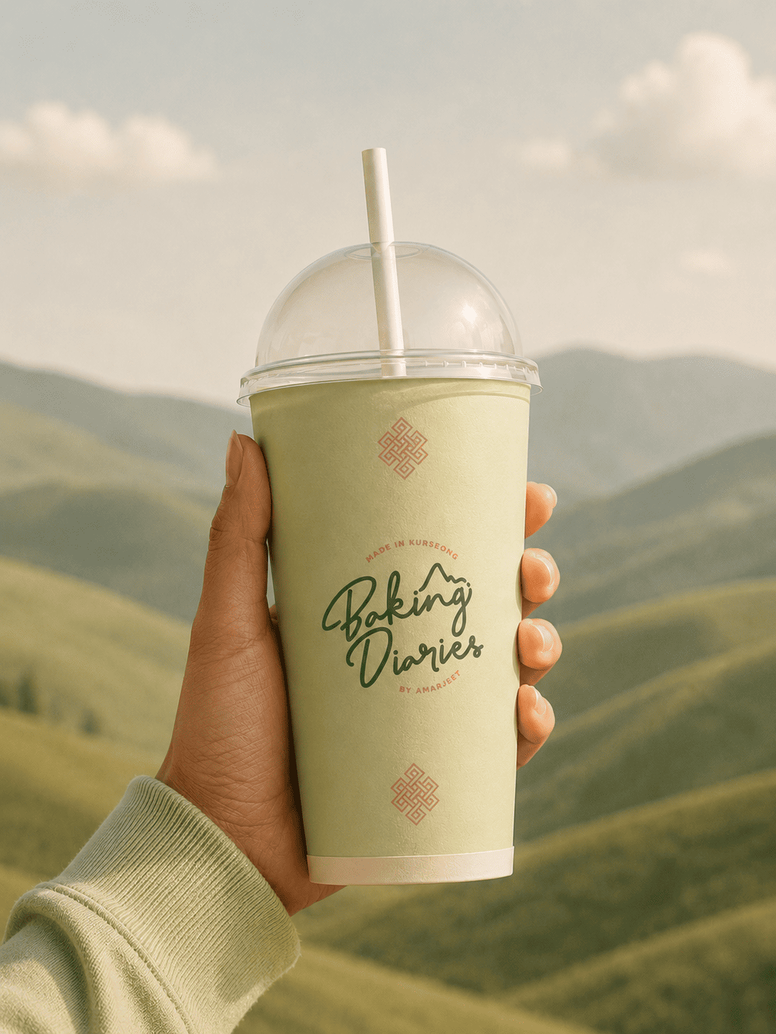Baking Diaries branded iced drink cup held in hand
