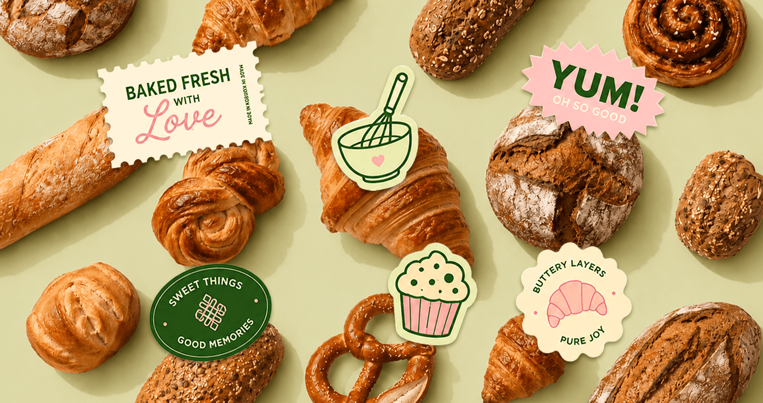 Baking Diaries illustrated stickers and badges arranged with fresh bakes