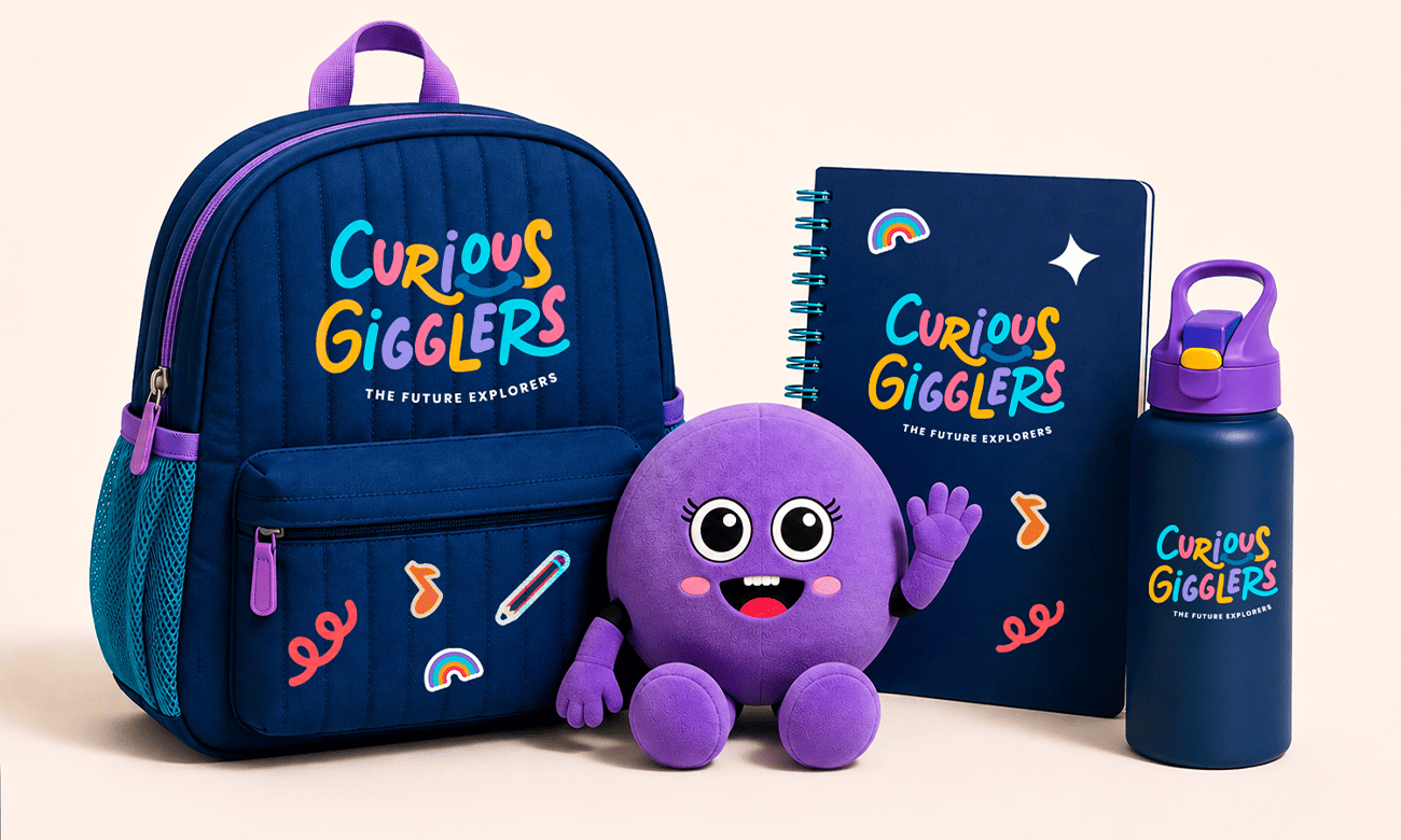 Curious Gigglers school bag and mascot mockup
