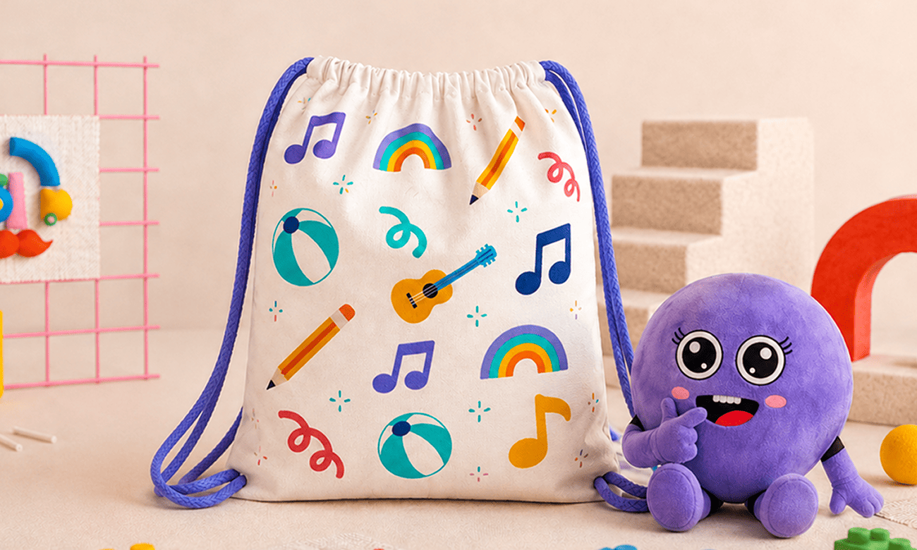 Curious Gigglers drawstring bag and mascot mockup