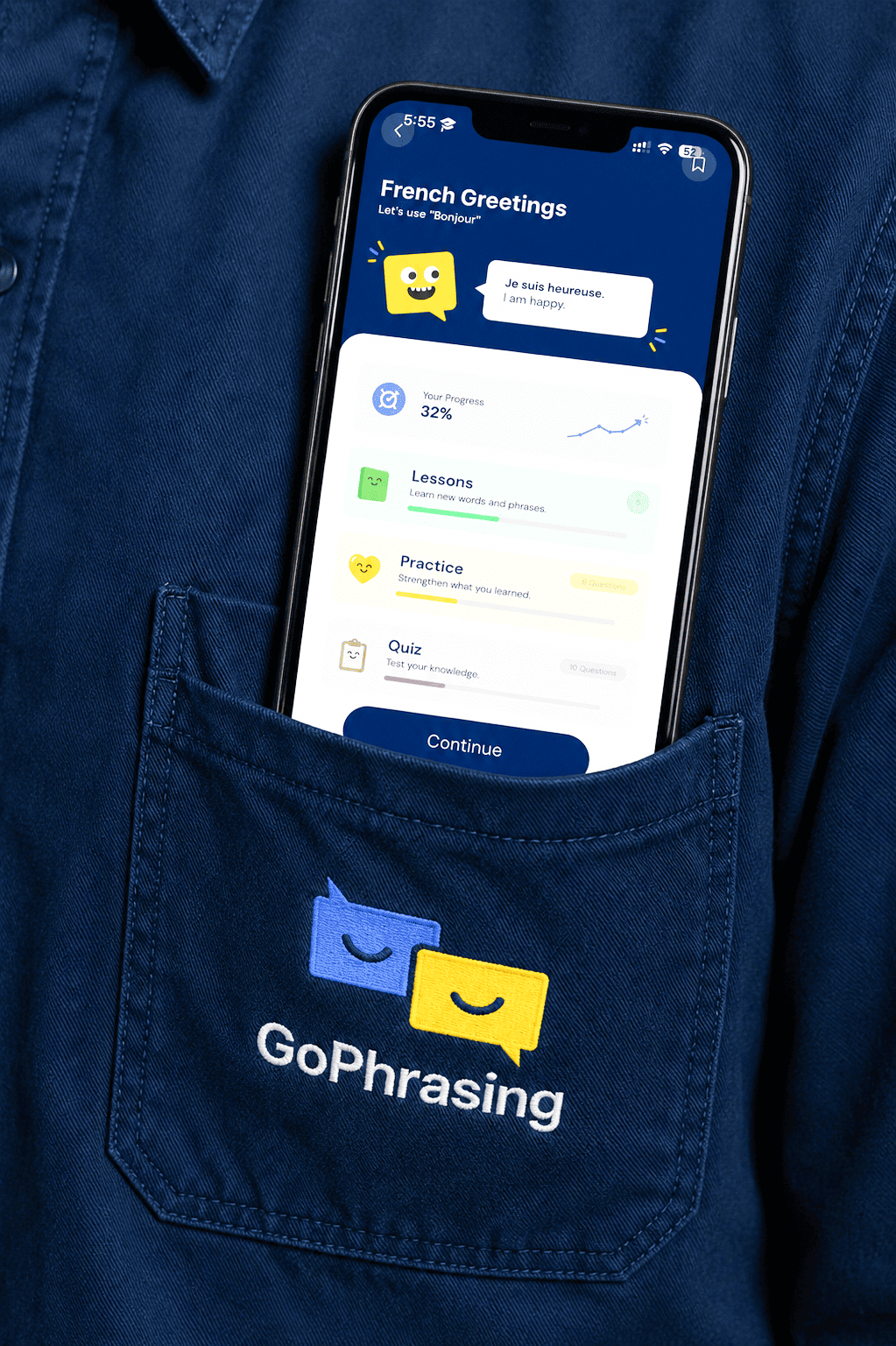 GoPhrasing app on mobile with branded merchandise