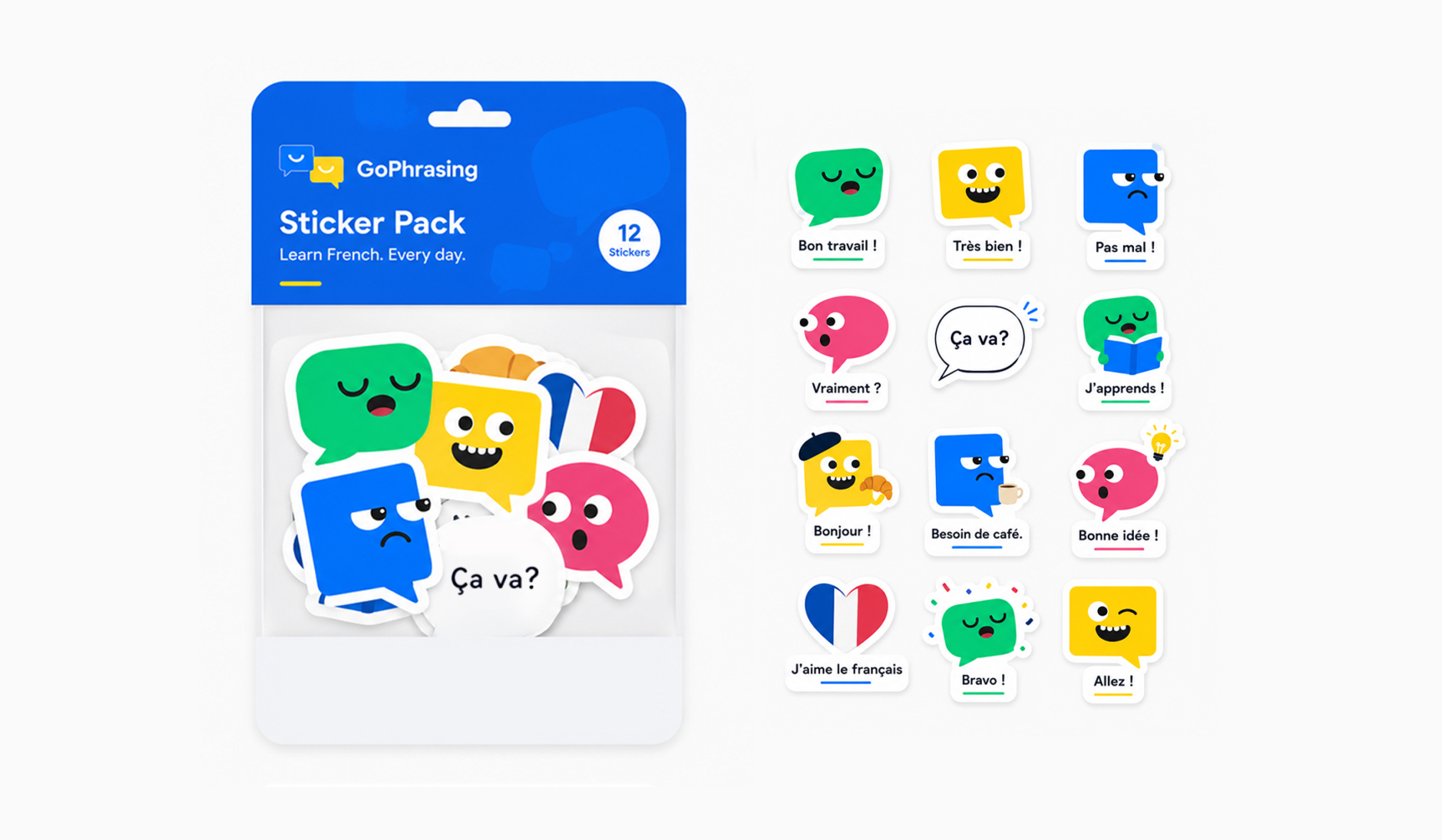 GoPhrasing app UI with sticker elements