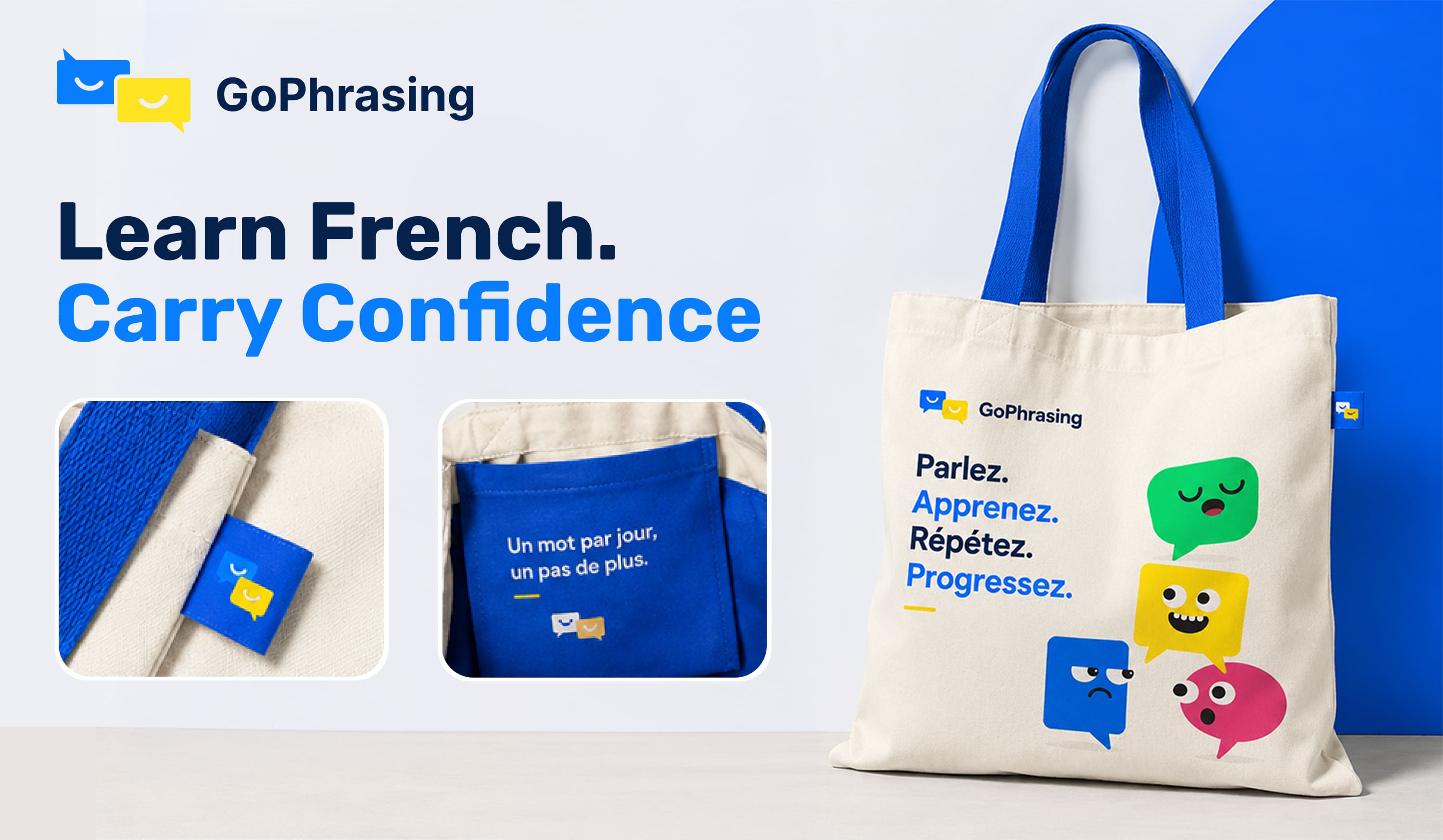 GoPhrasing tote bag merchandise mockup