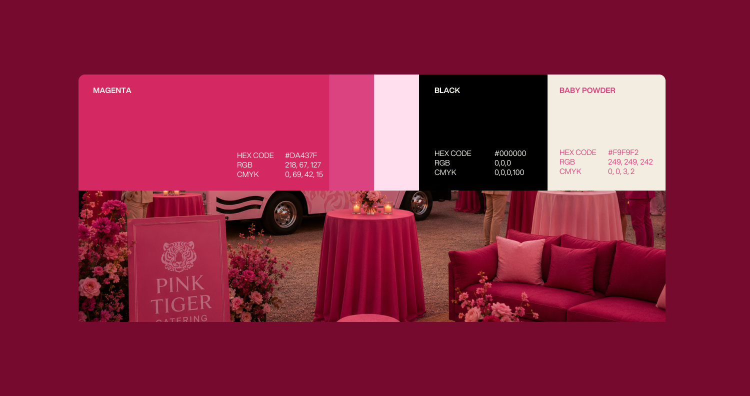 Pink Tiger brand colour palette — magenta, black, baby powder