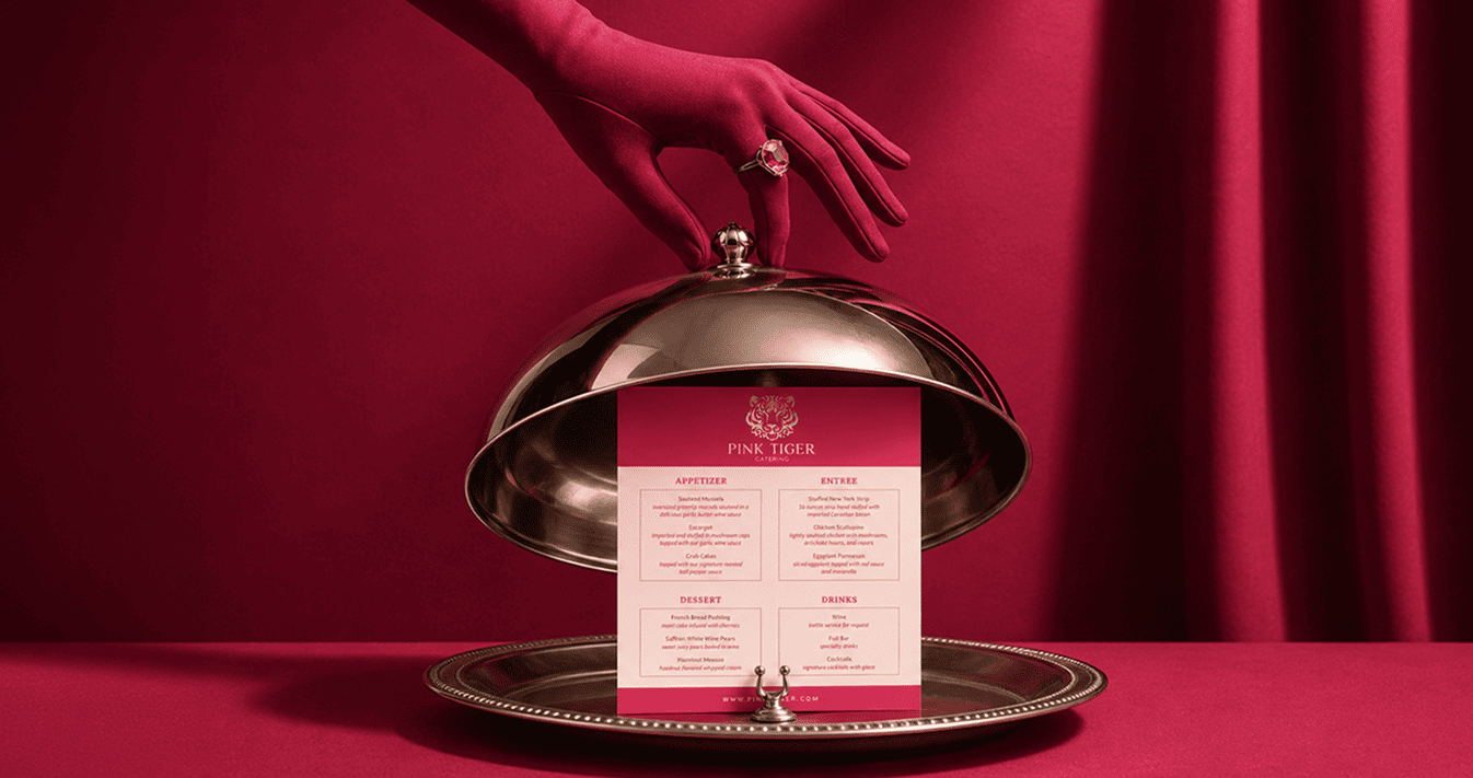 Pink Tiger visiting cards on silver cloche tray