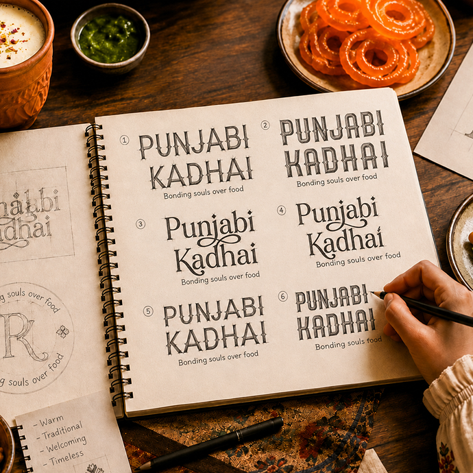 Punjabi Kadhai restaurant logo design inspired by Phulkari, punjabi heritage
