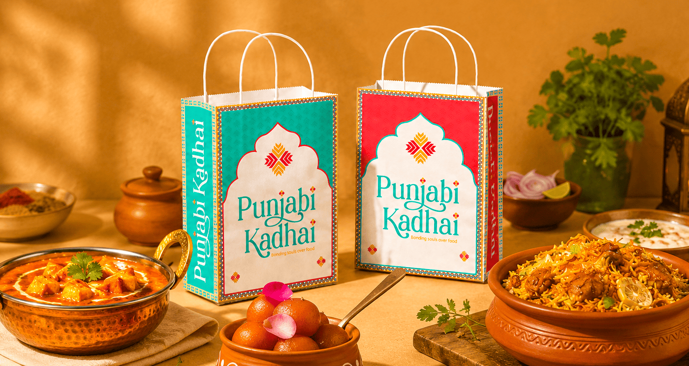 Punjabi Kadhai food packaging design with authentic Punjabi-inspired branding